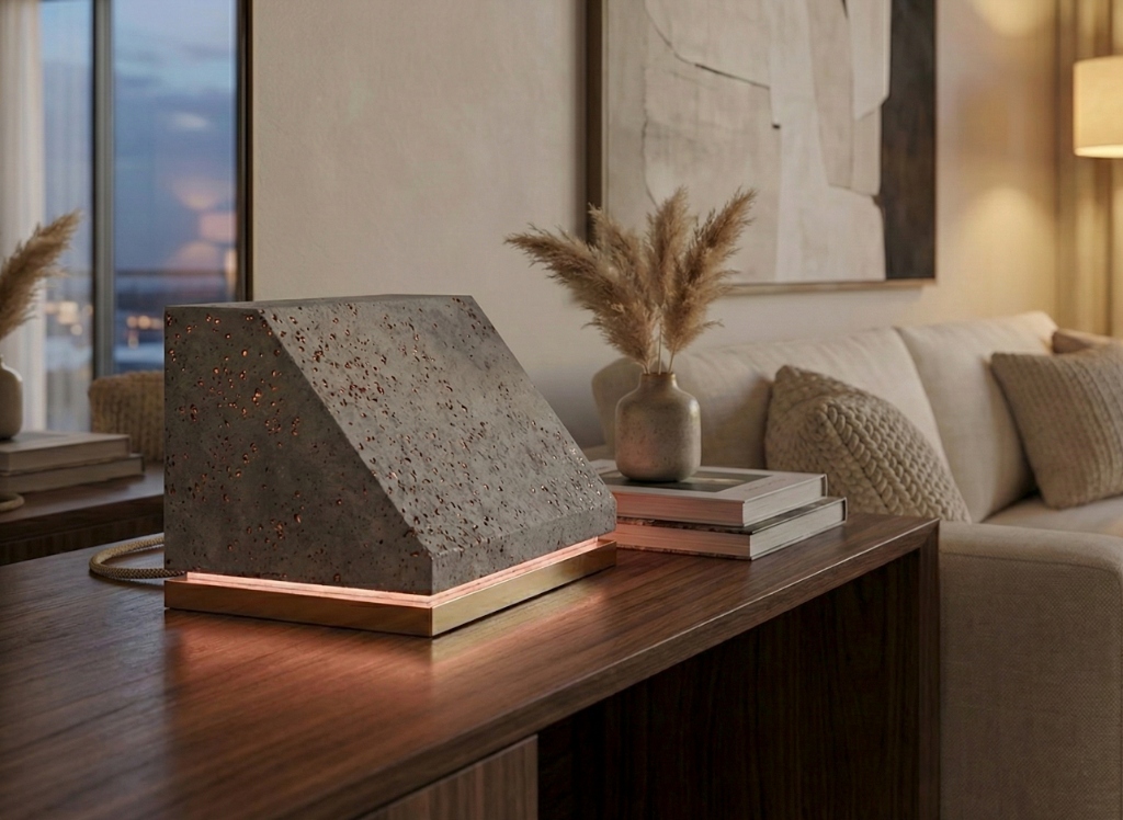 Totem device in a living room setting